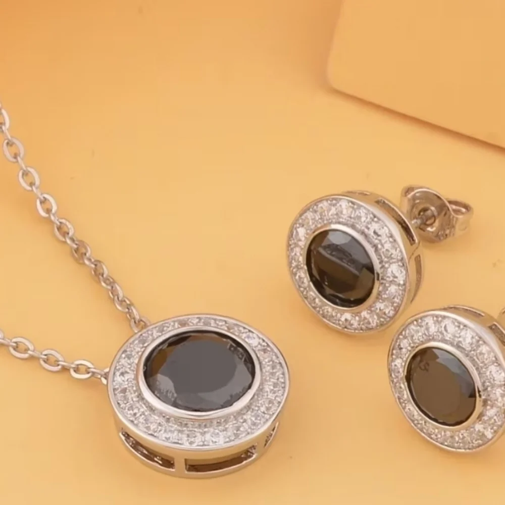 Simulated Black and White Diamond Halo Pendant Necklace 20 in and Stud Earrings